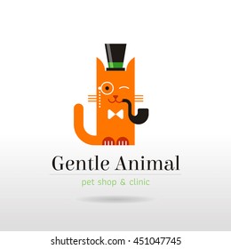 Vector linear illustration of funny vintage cat in hat, bow tie, with pipe and eyeglass monocle on white background. Logo icon design template. Abstract concept symbol for pet shop, veterinary clinic
