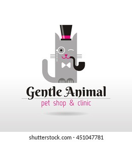 Vector linear illustration of funny vintage cat in hat, bow tie, with pipe and eyeglass monocle on white background. Logo icon design template. Abstract concept symbol for pet shop, veterinary clinic