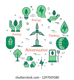 Vector linear illustration of future power technology. Wind generator - clean alternative energy source. Several outline eco icons around. Web banner for ecology, innovations types of energy