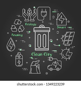 Vector linear illustration of garbage can as alternative energy source and clean city. Outline eco icons around. Web banner for ecology, innovations types of energy on black chalk board background