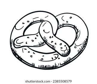 Vector linear illustration of German pretzel. Drawing by Brezel, engraving, ink. Traditional snack at the Oktoberfest beer festival. For menu, cafe, poster, banner, emblem, sticker.