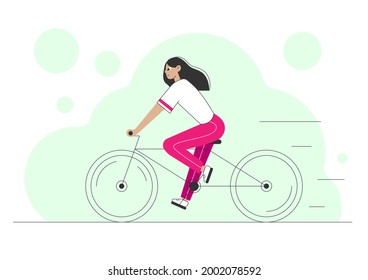 Vector linear illustration of a girl cycling a bike, as a banner, poster or template for web page, site, print design. Woman does sports, supports a healthy lifestyle.