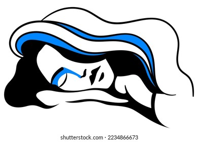 ilustración lineal vectorial de una niña que duerme dulcemente con la cabeza en la palma de su mano con el hermoso cabello cayendo sobre su cara. útil para publicitar ayudas relajantes, almohadas, mantas, píldoras para dormir