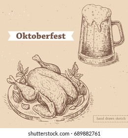 Vector linear illustration of glass of beer, roasted chicken on plate with vegetables. Hand drawn set with sketch of oktoberfest food. Image in vintage style with abstract paper background.