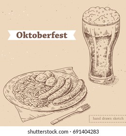 Vector linear illustration of glass of beer, bavarian sausages on plate with vegetables. Hand drawn set with sketch of oktoberfest food. Image in vintage style with abstract paper background.