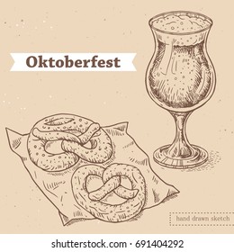 Vector linear illustration of glass of beer, bavarian pretzels. Hand drawn set with sketch of oktoberfest table with food. Image in vintage style with abstract paper background.