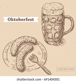 Vector linear illustration of glass of beer, roasted sausages on plate with fork. Hand drawn set with sketch of oktoberfest table with food. Image in vintage style with abstract paper background.
