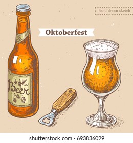 Vector linear illustration of glass of beer, bavarian bottle of beer with opener. Hand drawn color sketch of oktoberfest food, drinks. Image in vintage style with abstract paper background.
