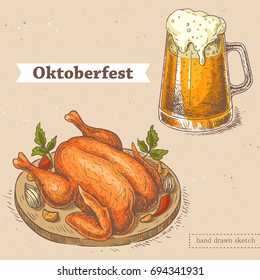 Vector linear illustration of glass of beer, roasted chicken on plate with vegetables. Hand drawn color set with sketch of oktoberfest food. Image in vintage style with abstract paper background.