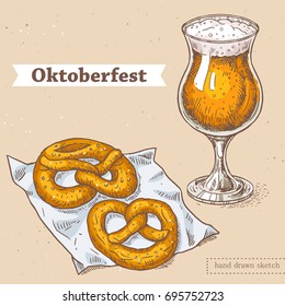 Vector linear illustration of glass of beer, bavarian pretzels. Hand drawn color set with sketch of oktoberfest table with food. Image in vintage style with abstract paper background.