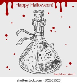 Vector linear illustration of glass bottle with poison,blood stains,text Happy Halloween on the grey background.Hand drawn sketch of the poison in bottle.Image in vintage style for your design.