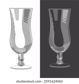 Vector linear illustration of a glass goblet hurricane on a white and brown background. Stylization under an engraving.