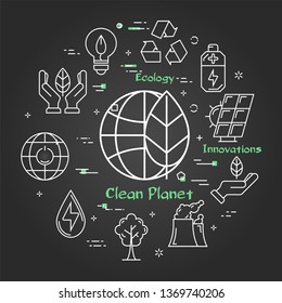 Vector linear illustration of globe planet with green leaf as alternative energy source. Several outline eco icons around. Web banner for ecology and innovations types of energy on black chalk board