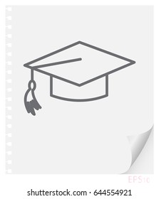 Vector linear illustration of a graduate schoolbag with a tassel on a sheet of paper with a curved corner and holes from springs, a school line icon.