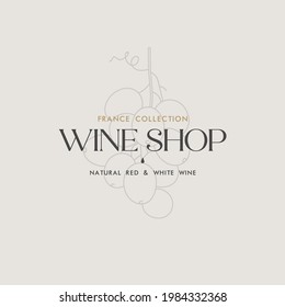 Vector linear illustration of grape branch with typography. Emblem or logo for wine shop