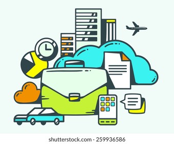 Vector linear illustration of green business case in town on white background. Color hand draw line art design for web, site, advertising, banner, poster, board and print.