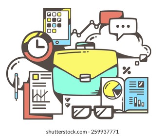 Vector linear illustration of green business case with office documents on white background. Color hand draw line art design for web, site, advertising, banner, poster, board and print.