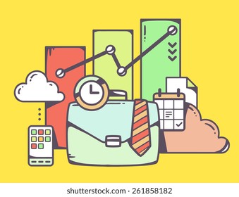 Vector linear illustration of green business case with bar chart and tie on yellow background. Color hand draw line art design for web, site, advertising, banner, poster, board and print.