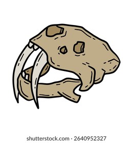 Vector linear illustration of a hand drawn sabertooth tiger skull icon in doodle style.