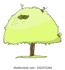Vector linear illustration, hand-drawn illustration, cartoon character, tree and birds on branches.