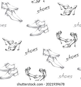 Vector linear illustration, hand-drawn seamless pattern of models of women's and men's shoes. Casual, classic style. Shoes for the summer. Doodle drawing for wallpaper, wrapping paper, background,
for