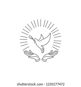 Vector linear illustration hands with dove holding olive branch. Symbol of peace on earth