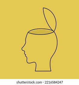 vector linear illustration head with an open part on a yellow background. the concept of propaganda, obtaining information and influencing consciousness