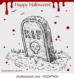 Vector linear illustration of the headstone with blood stains,spots,drops and text Happy Halloween on the grey background.Hand drawn sketch of the tombstone with word RIP,skull,grass,birds in the sky.
