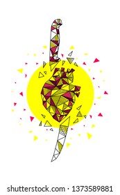 Vector linear illustration of a heart and a broken dagger on a yellow background.