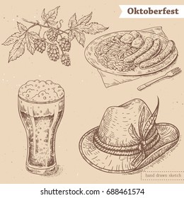 Vector linear illustration of hop, roasted sausages, sour cabbages, glass of beer, german hat. Hand drawn sketch of octoberfest objects, food. Image in vintage style with abstract paper background.