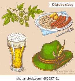 Vector linear illustration of hop, roasted sausages,sour cabbages, glass of beer, german hat. Hand drawn color sketch of oktoberfest objects,food.Image in vintage style with abstract paper background.