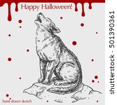 Vector linear illustration of howling wolf with blood stains and text Happy Halloween on the grey background.Hand drawn sketch of scary wild wolf on the stone.Image in vintage style for your design.