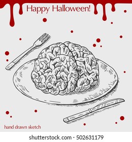 Vector linear illustration of human brain on the plate with blood stains and text Happy Halloween on the grey background.Hand drawn sketch of brain,fork,knife.Image in vintage style for your design.