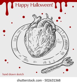 Vector linear illustration of the human heart on the plate with blood stains and text Happy Halloween on the grey background.Hand drawn sketch of the heart,fork.Image in vintage style for your design.