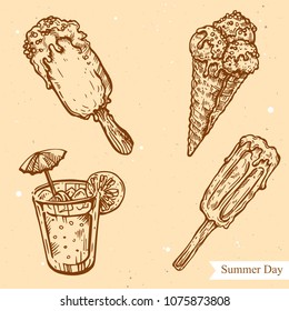 Vector linear illustration of  ice-cream set, coktail isolated on paper background with abstract texture. Hand drawn sketch in retro style of ice-cream. Image in vintage style for design.