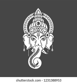 Vector linear illustration of indian god religion symbol elephant Ganesh on grey background