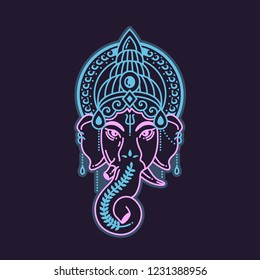 Vector linear illustration of indian god religion symbol elephant Ganesh. Neon colors