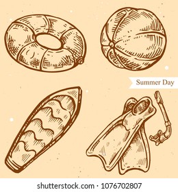 Vector linear illustration of inflatable ring, swimming fins, snorkel, diving equipment, ball, surfing board isolated on background with abstract texture. Hand drawn sketch in vintage style for design
