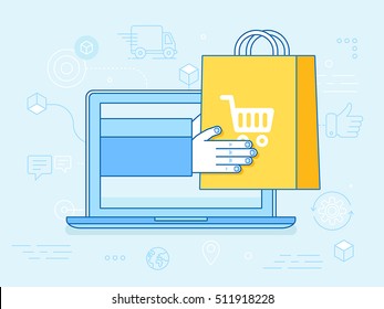 Elemente des linearen Vektorgrafik- und Infografik-Designs - Internet-Shopping-Konzept - Laptop mit Händehaltung Einkaufstasche - schnelle Lieferung 