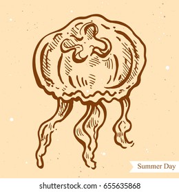 Vector linear illustration of jellyfish isolated on paper background with abstract texture. Hand drawn sketch in retro style of jellyfish in the sea. Image in vintage style for design.