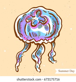 Vector linear illustration of jellyfish isolated on paper background with abstract texture. Hand drawn color sketch in retro style of jellyfish in the sea. Image in vintage style for design.