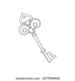 Vector linear illustration with a key in cartoon style. Black and white key icon