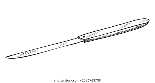 Vector linear illustration of Knife. Outline drawing of kitchen utensil painted by black inks. Etching of tool with blade for cooking. Monochrome sketch for cookery book and recipe. Line art.