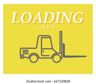 Vector linear illustration of lift truck, isolated on yellow background. Flat style. Side view. Black strokes. Design logo and icon of lift truck.