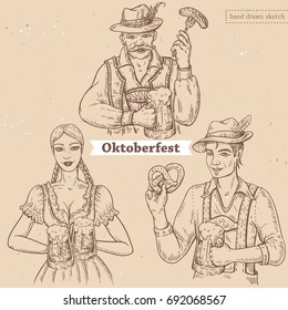 Vector linear illustration of man with glass of beer, sausage, pretzel, oktoberfest girl on textured paper background. Hand drawn sketch in vintage style of  bavarian man and woman, oktoberfest food.