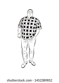 
Vector linear illustration of a man. A sketch of a full man in a checkered shirt. Isolated drawing of a man on a white background.