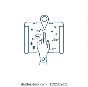 Vector linear illustration with map marker and hand. Travel navigation and location search concept