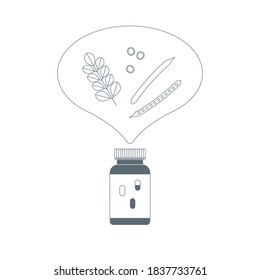Vector linear illustration of moringa supplement. Bottles, capsules, leaves, drumstick and seeds. Naturopathy and natural health products.