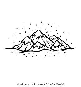 Vector linear illustration of the mountains icon isolated on white background. Hand drawn sketch of mountains in vintage style for your design.
