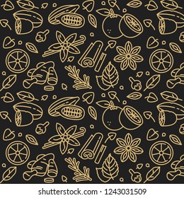 Vector linear illustration of mulled wine spices and ingredients. Different spices-cinnamon stick, clove and citrus slice. Pattern, golden color